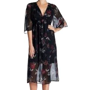 Wild Pearl Black Floral Chiffon Midi Dress XS